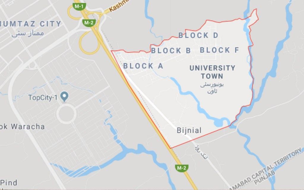 Google map showing University Town Islamabad location near M-2