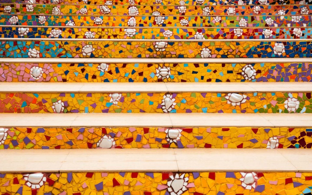 mosaic stairs made from broken ceramic tiles in Thailand