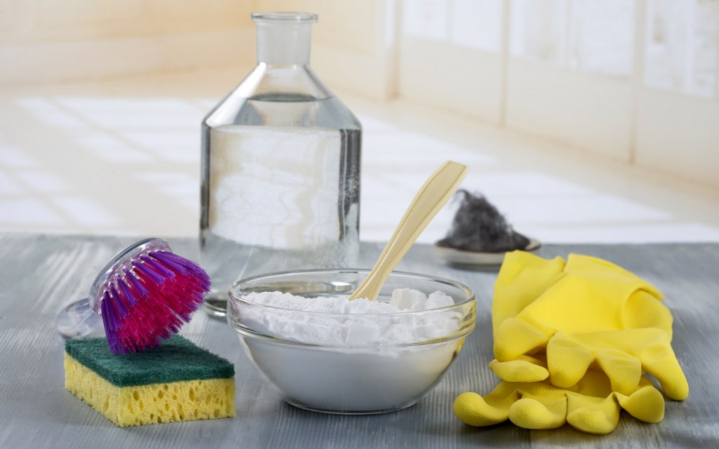 Baking Soda, Water, a Sponge, A Brush, and Rubber Gloves are all you need to clean your home