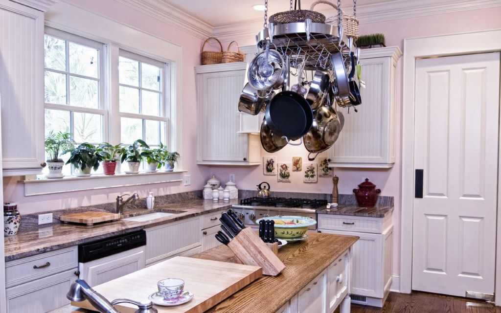 Ceiling mounted racks are the new thing in kitchen decor