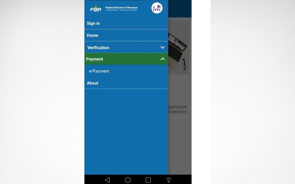 On the homepage of FBR's Tax Asaan App you will find the Payment button
