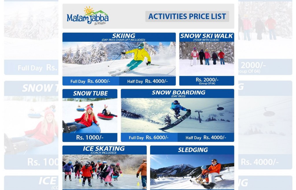 Ticket price of winter sports at Malam Jabba Ski Resort
