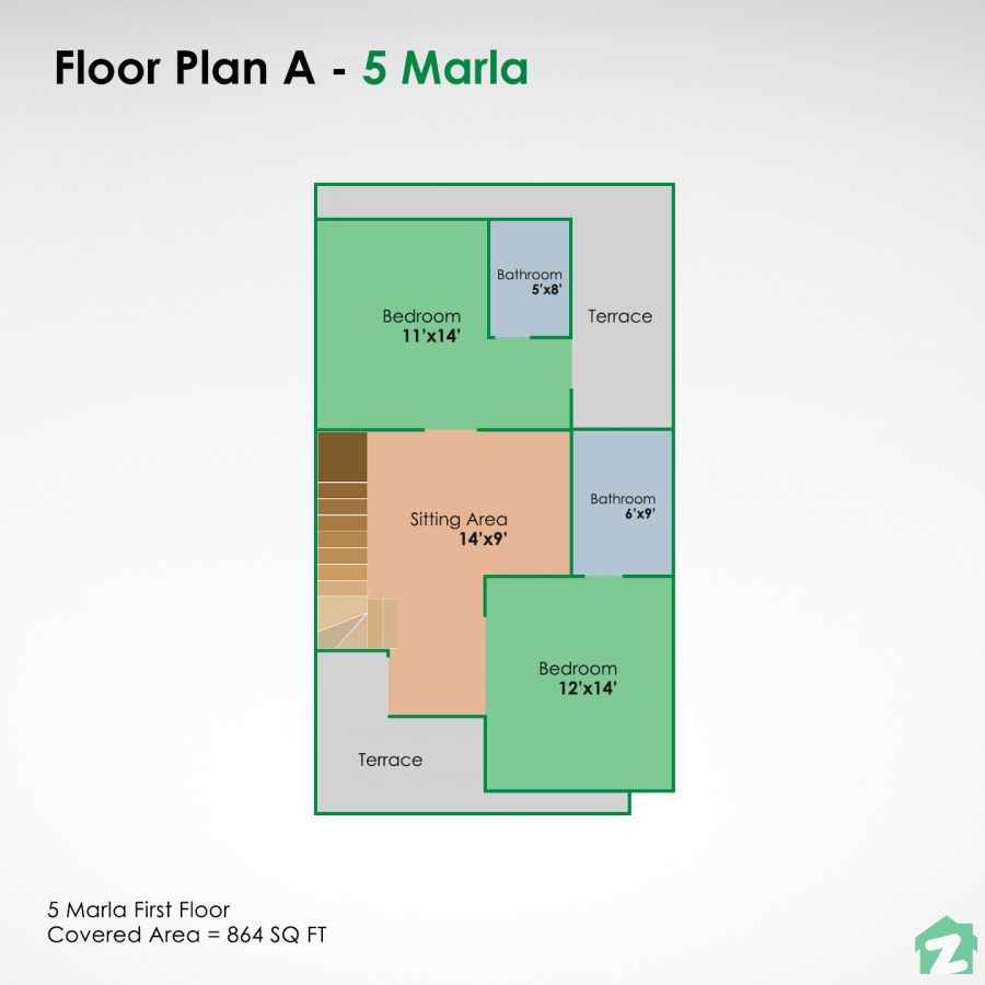 Floor plan for a 5 marla home with two terraces