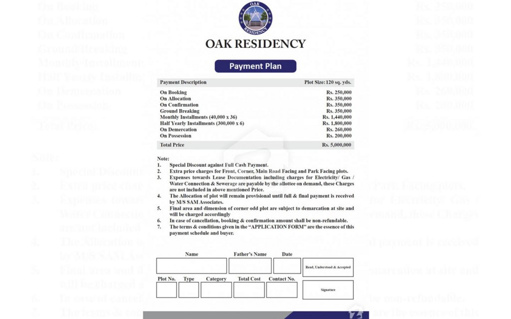 Oak Residency Payment Plan for Plots